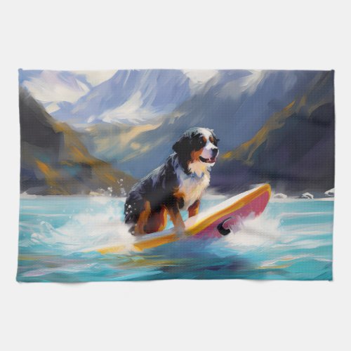 Bernese Mountain Beach Surfing Painting Kitchen Towel