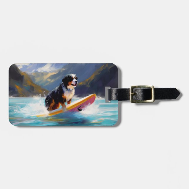 Bernese Mountain Beach Surfing Painting Luggage Tag (Front Horizontal)