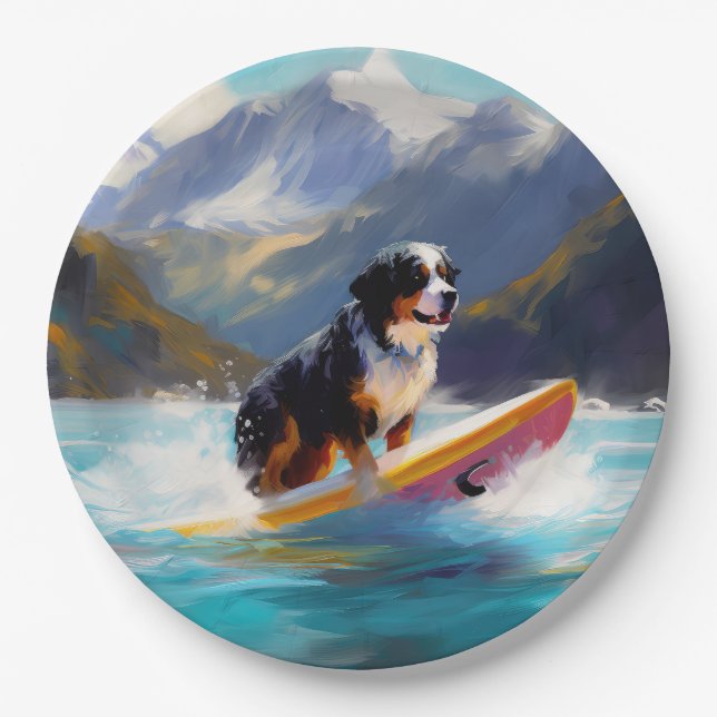 Bernese Mountain Beach Surfing Painting Paper Plates (Front)
