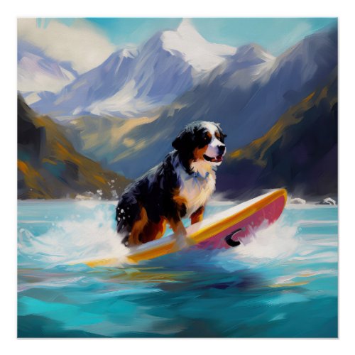 Bernese Mountain Beach Surfing Painting Poster