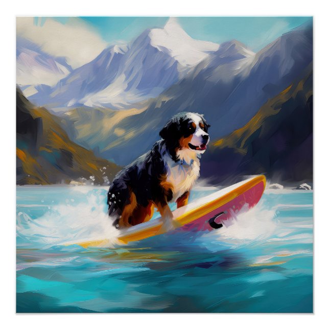 Bernese Mountain Beach Surfing Painting Poster (Front)