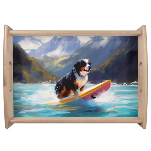 Bernese Mountain Beach Surfing Painting Serving Tray