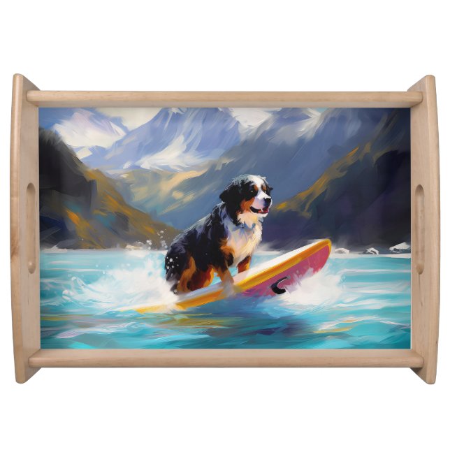 Bernese Mountain Beach Surfing Painting Serving Tray (Front)