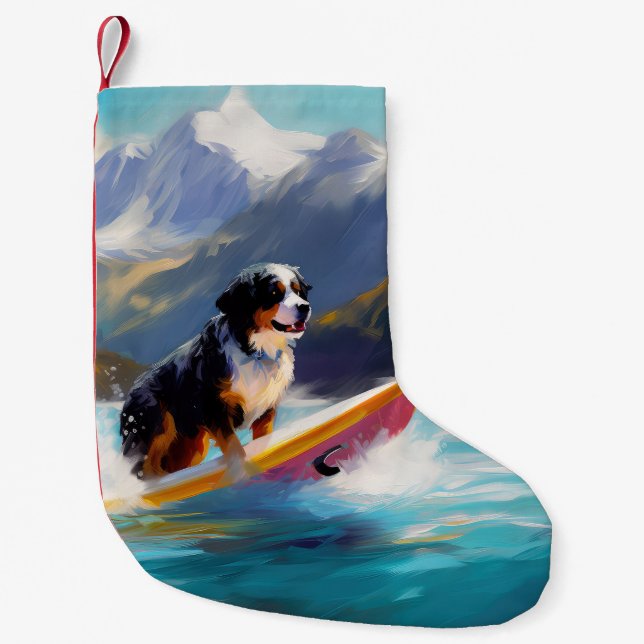 Bernese Mountain Beach Surfing Painting Small Christmas Stocking (Front)