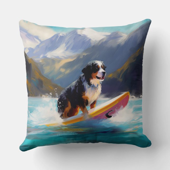 Bernese Mountain Beach Surfing Painting Throw Pillow (Back)