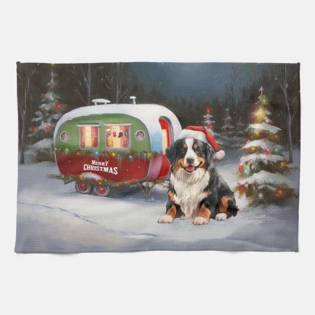 Bernese Mountain Caravan Christmas Adventure Kitchen Towel (Horizontal)