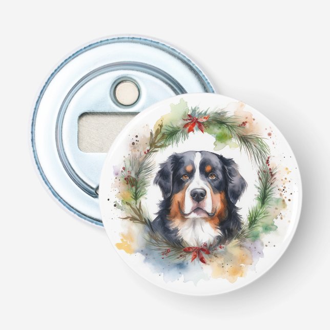 Bernese Mountain Christmas Wreath Festive Pup  Bottle Opener (Front)
