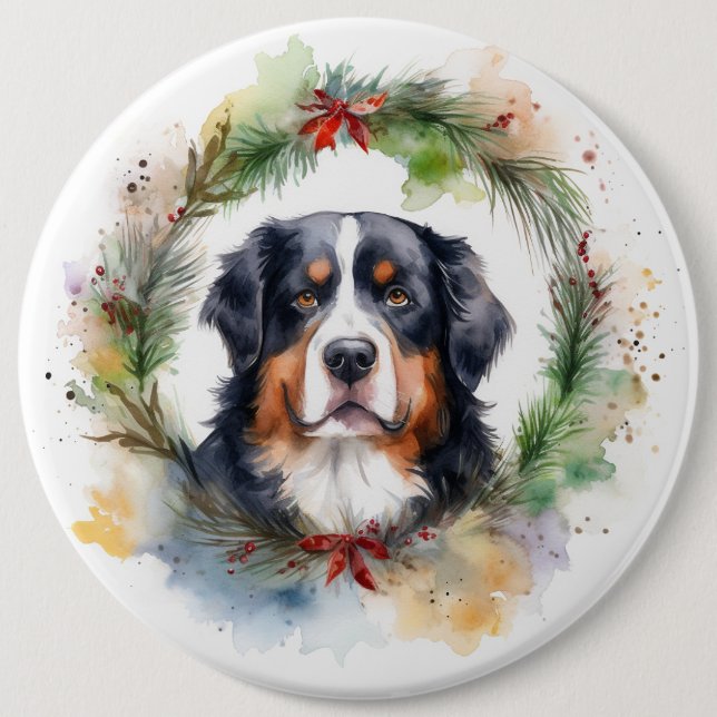 Bernese Mountain Christmas Wreath Festive Pup  Button (Front)
