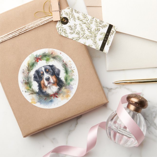 Bernese Mountain Christmas Wreath Festive Pup  Classic Round Sticker (Gifting)