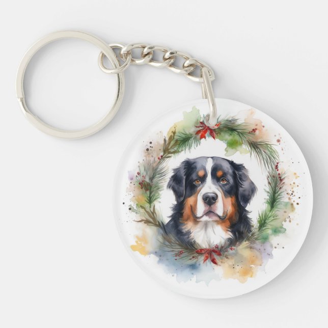 Bernese Mountain Christmas Wreath Festive Pup  Keychain (Front)