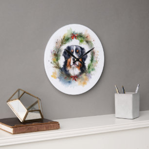Bernese Mountain Christmas Wreath Festive Pup Large Clock