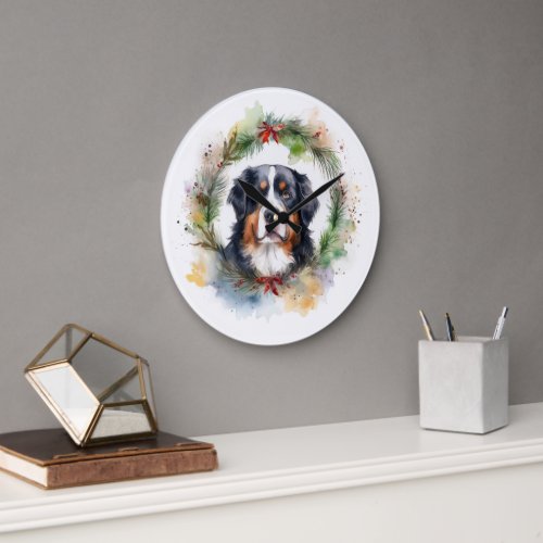 Bernese Mountain Christmas Wreath Festive Pup  Large Clock