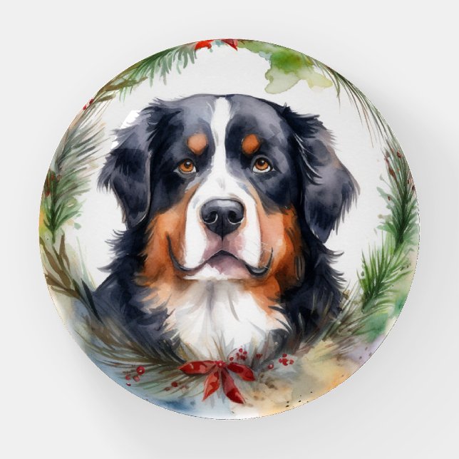 Bernese Mountain Christmas Wreath Festive Pup  Paperweight (Front)