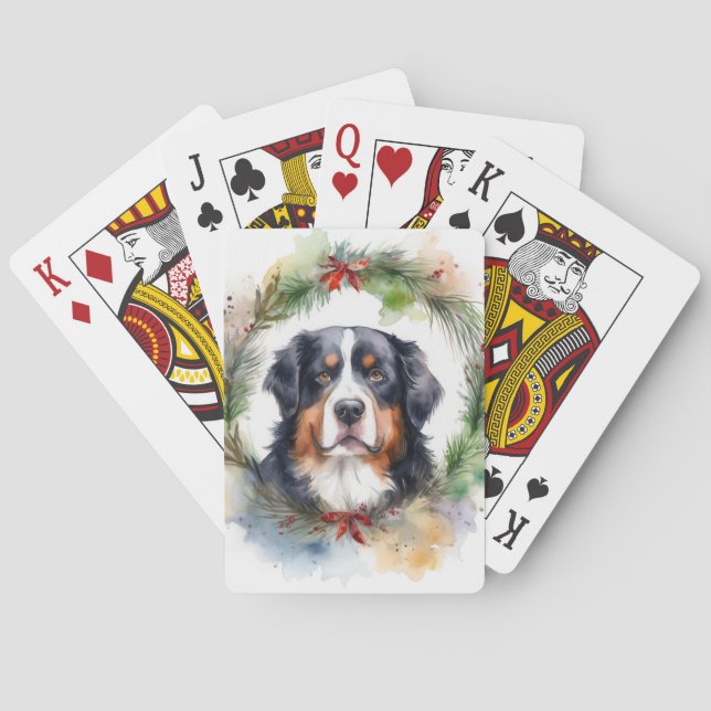 Bernese Mountain Christmas Wreath Festive Pup  Poker Cards (Back)