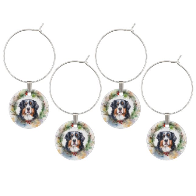 Bernese Mountain Christmas Wreath Festive Pup  Wine Charm (Staggered)