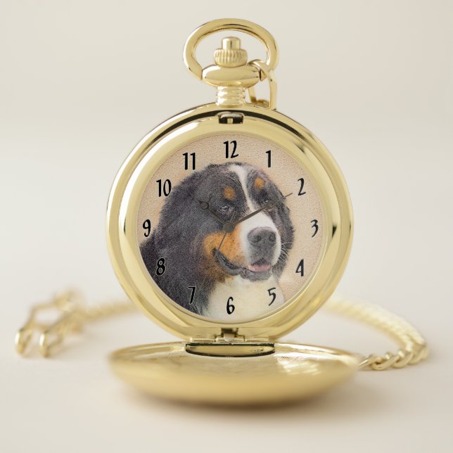 Bernese Mountain Dog 2 Painting - Original Dog Art Pocket Watch (Inside)