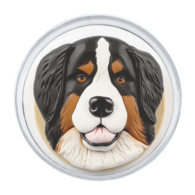 Bernese Mountain Dog 3D Inspired Silver Finish Lapel Pin (Front)