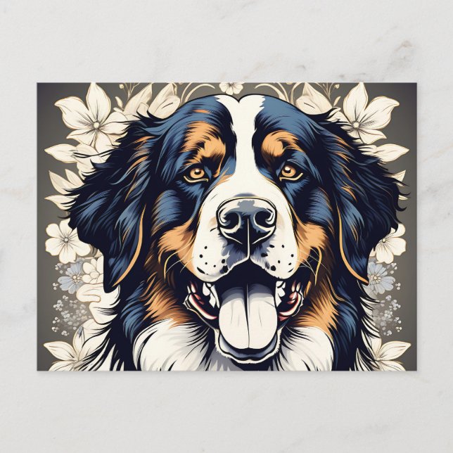 Bernese Mountain Dog And Flowers Postcard (Front)