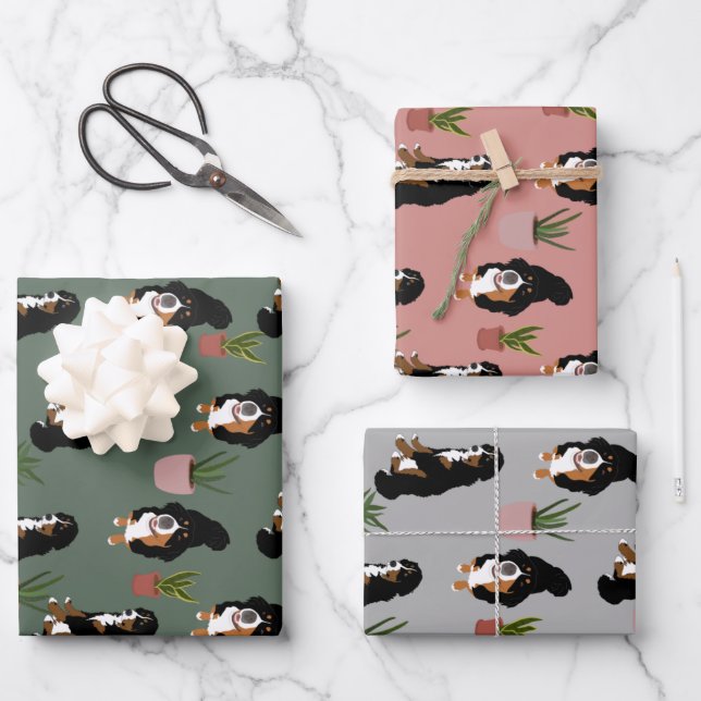 Bernese Mountain Dog and Houseplants Wrapping Paper Sheets (Front)