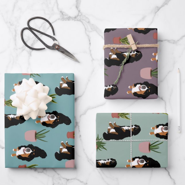 Bernese Mountain Dog and Houseplants Wrapping Paper Sheets (Front)