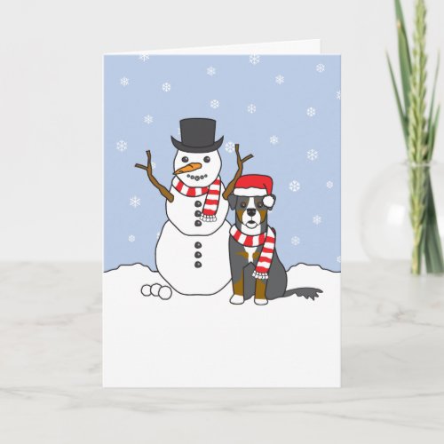 Bernese Mountain Dog and Snowman Holiday Card
