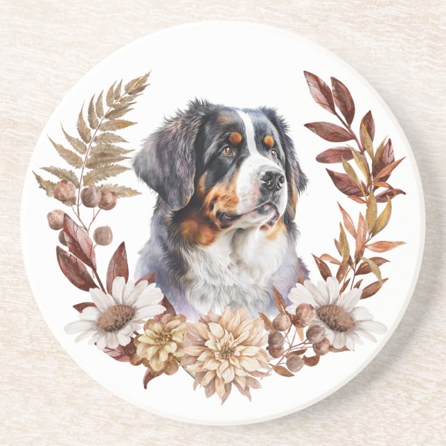 Bernese Mountain Dog Autumn Wreath Coaster (Front)