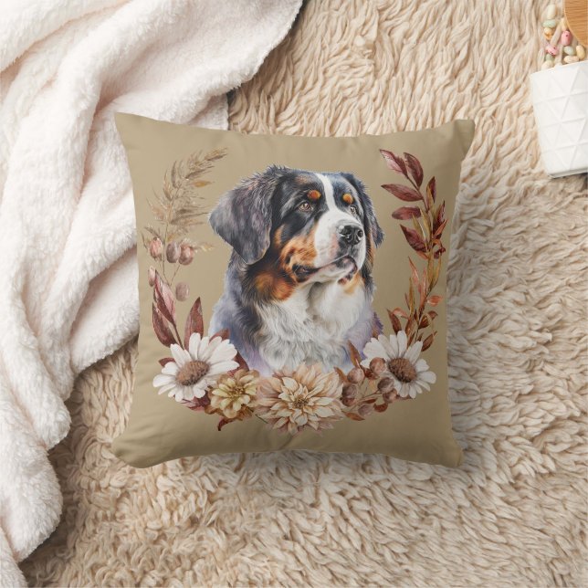 Bernese Mountain Dog Autumn Wreath Throw Pillow (Blanket)