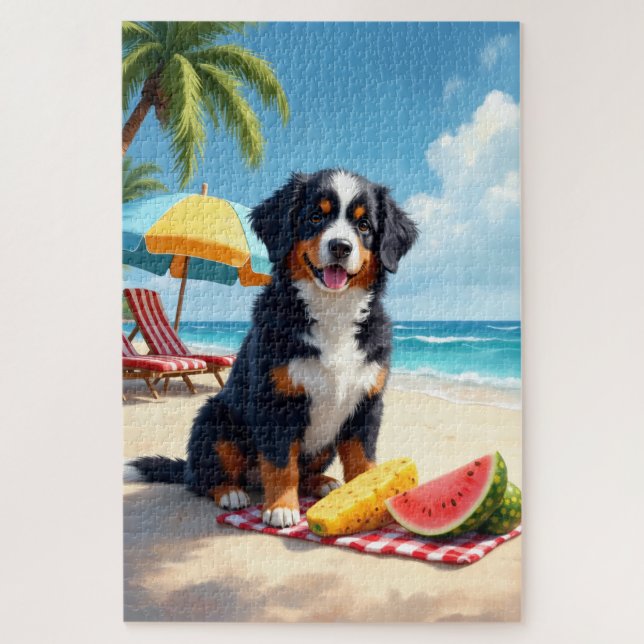 Bernese Mountain Dog Beach Picnic Scene Jigsaw Puzzle (Vertical)