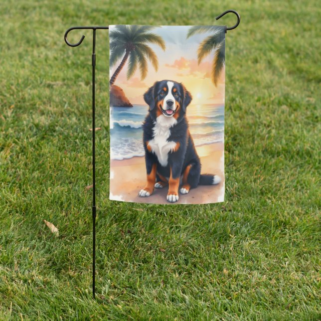 Bernese Mountain Dog Beach Sunset Garden Flag (In SItu)