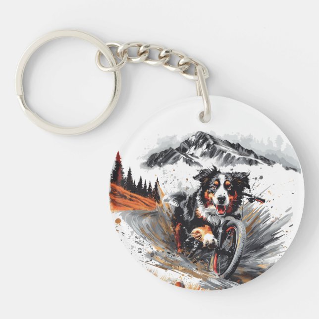 Bernese Mountain Dog Biking In The Mountains Keychain (Front)