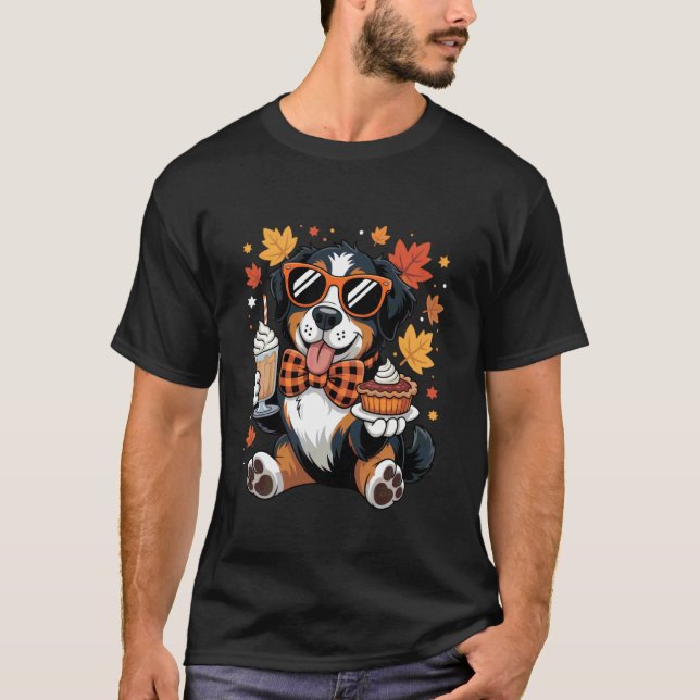 Bernese Mountain Dog Bow Fall Autumn Leaves Thanks T-Shirt (Front)