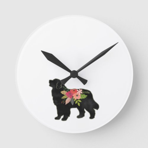 Bernese Mountain Dog Breed Boho Floral Silhouette Round Clock