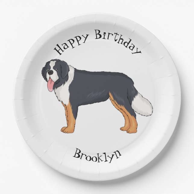 Bernese mountain dog cartoon illustration paper plates (Front)