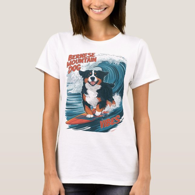 Bernese Mountain Dog Catching Waves Surfing T-Shirt (Front)