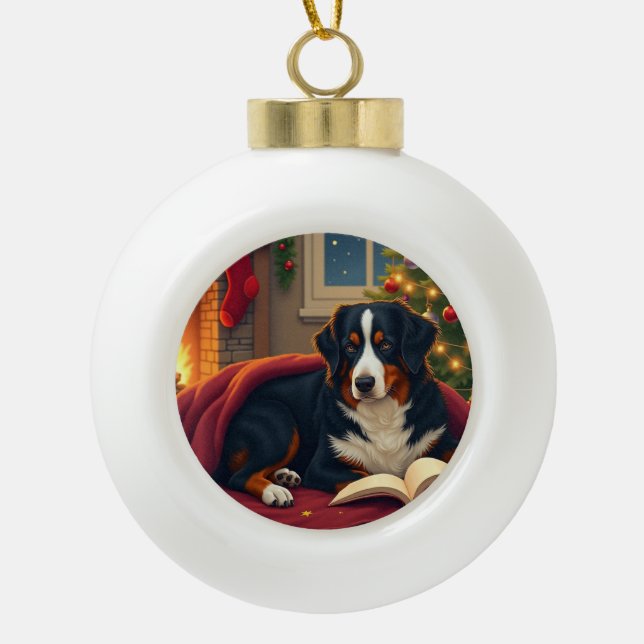 Bernese Mountain Dog Christmas Bedtime Story Ceramic Ball Christmas Ornament (Front)