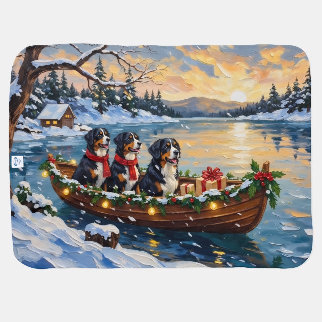 Bernese Mountain Dog Christmas Boat Holiday Baby Blanket (Back Horizontal)