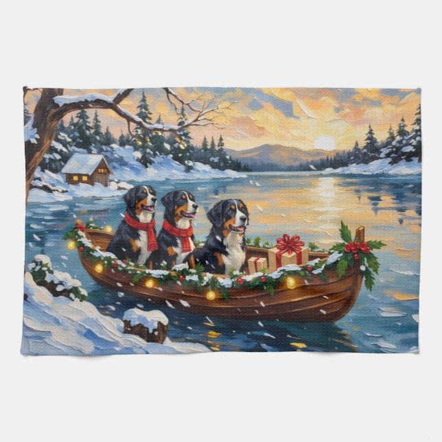 Bernese Mountain Dog Christmas Boat Holiday Kitchen Towel (Horizontal)