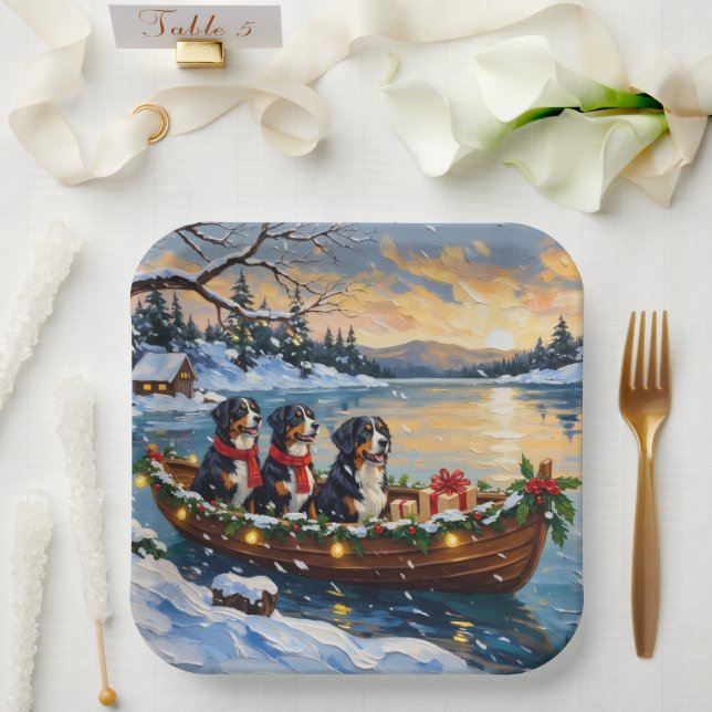 Bernese Mountain Dog Christmas Boat Holiday Paper Plates (Wedding)
