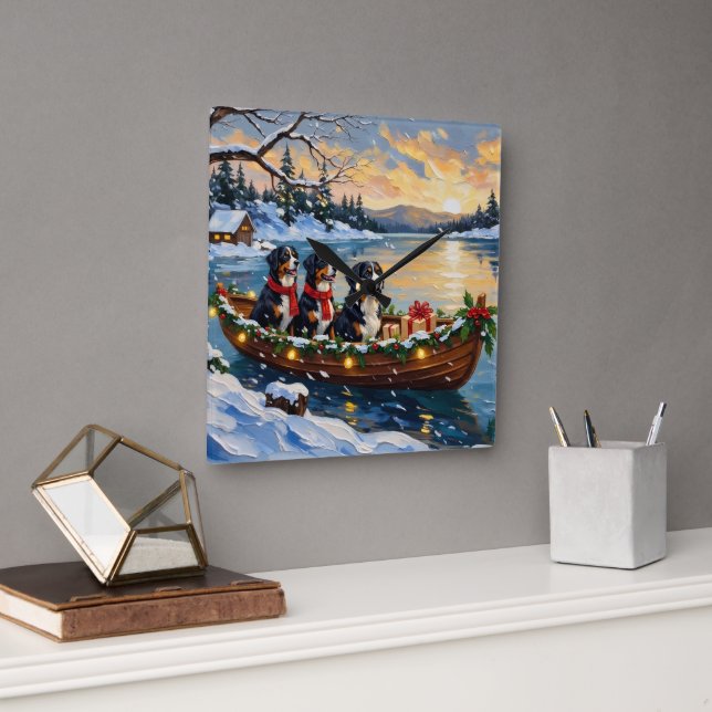Bernese Mountain Dog Christmas Boat Holiday Square Wall Clock (Office)