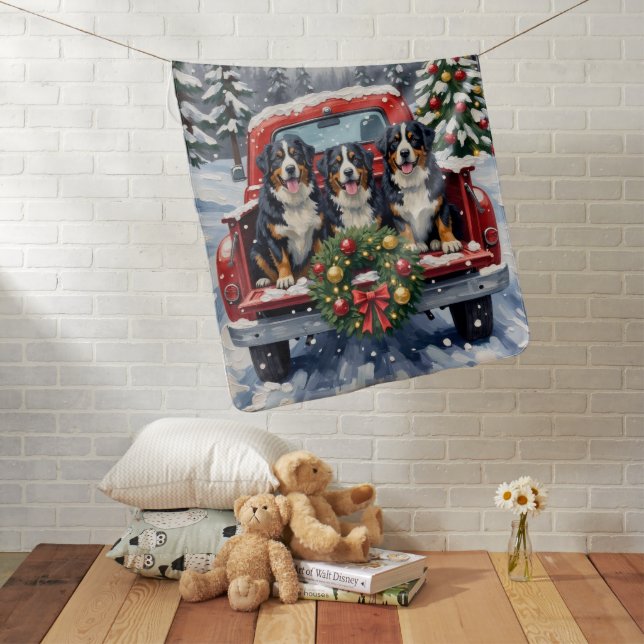 Bernese Mountain Dog Christmas Red Truck Holiday Baby Blanket (In Situ)