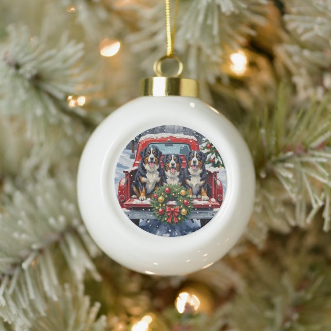 Bernese Mountain Dog Christmas Red Truck Holiday Ceramic Ball Christmas Ornament (Tree)