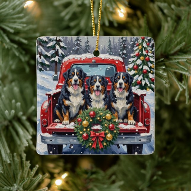 Bernese Mountain Dog Christmas Red Truck Holiday Ceramic Ornament (Tree)