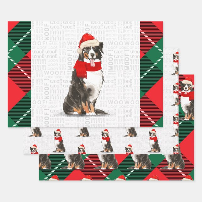 Bernese Mountain Dog Christmas Tartan Plaid Wrapping Paper Sheets (Set)