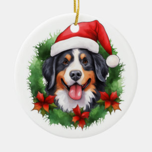 Bernese Mountain Dog Christmas Wreath Ceramic Ornament