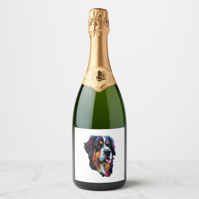 Bernese Mountain Dog Colorful  Sparkling Wine Label (Front)