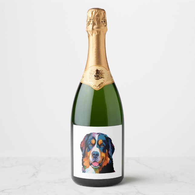 Bernese Mountain Dog Colorful  Sparkling Wine Label (Front)