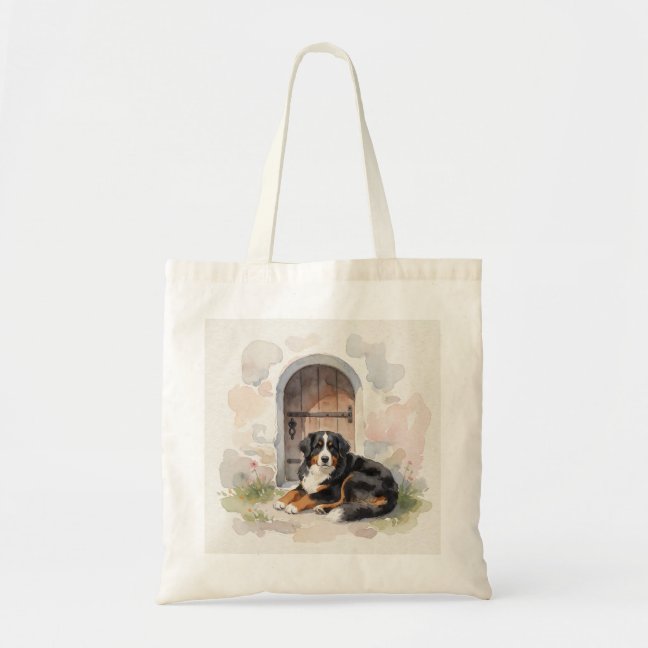 Bernese Mountain Dog Curled By The Mountain Chapel Tote Bag