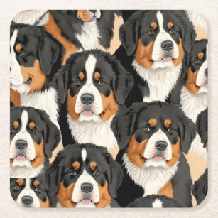Bernese Mountain Dog Decorative Seamless Pattern Square Paper Coaster