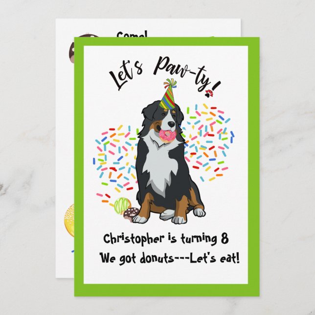 Bernese Mountain Dog Donut Birthday Party Invite (Front/Back)