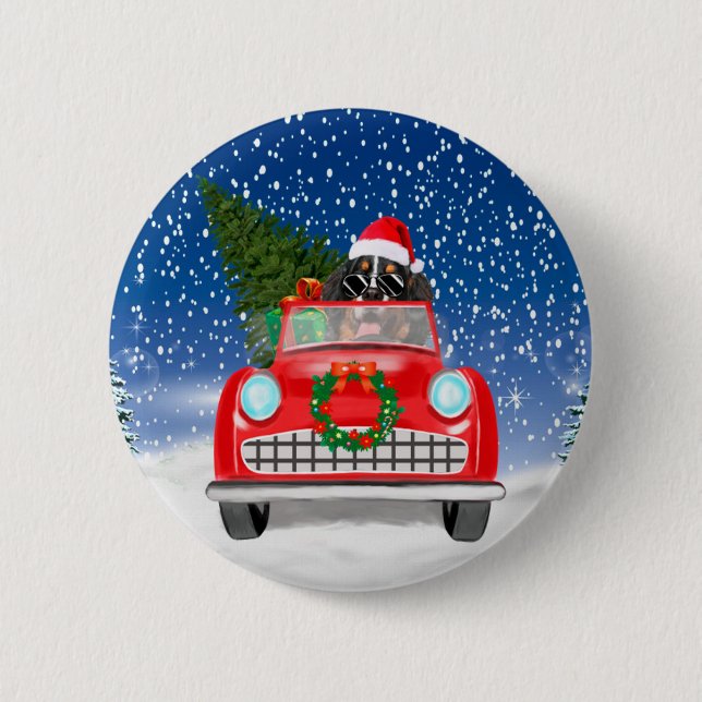 Bernese Mountain Dog Driving Car In Snow Christmas Button (Front)